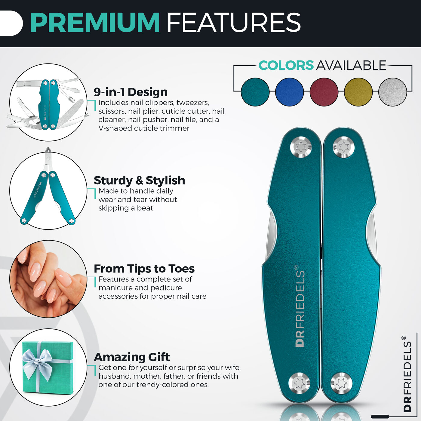 Premium features: 9-in-1 design with all nail tools, sturdy & stylish to handle daily wear, from tips to toes for proper nail care, amazing gift for wife, husband, mother, father or friends. Available in 5 colors: teal, blue, red, yellow, silver.