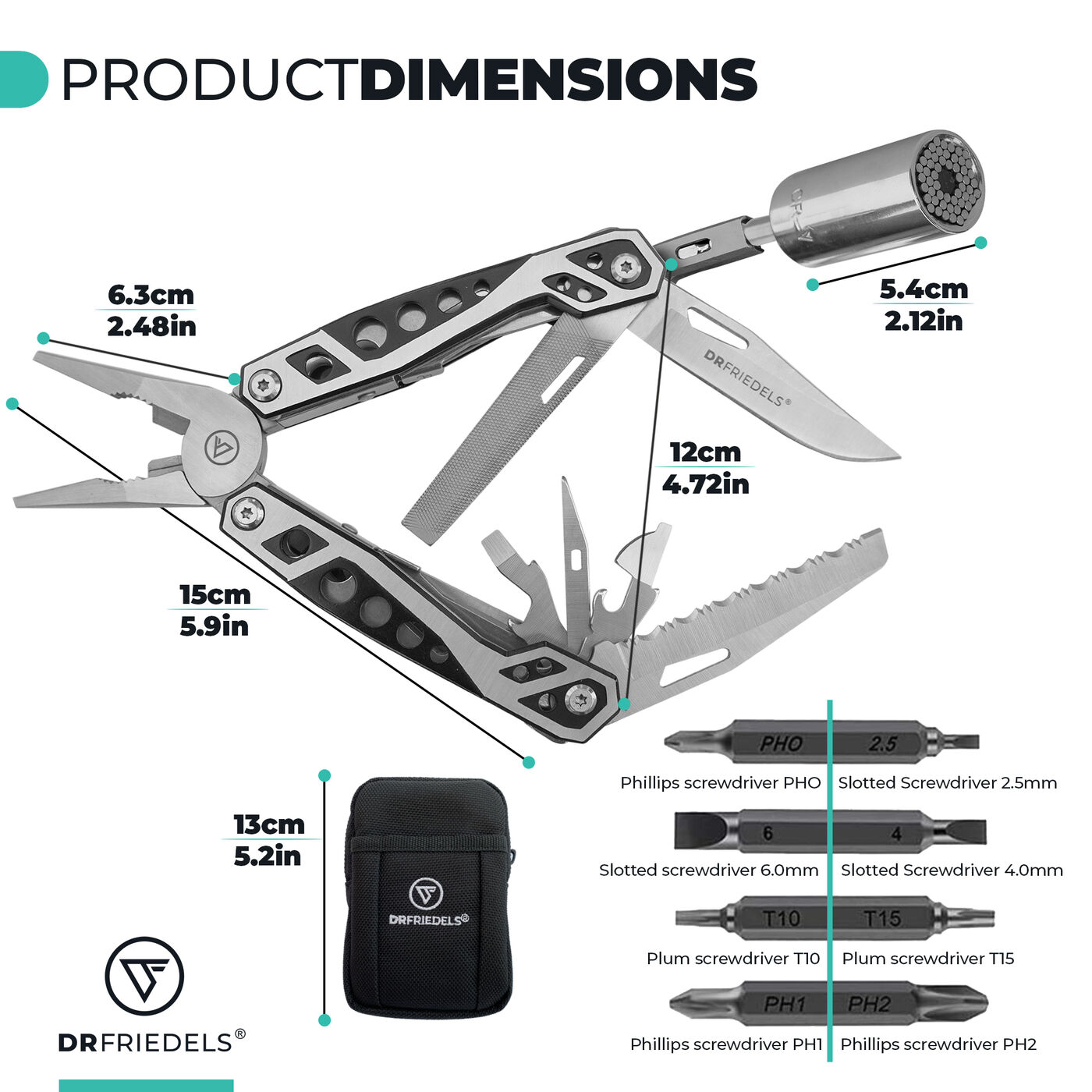Product dimensions: closed 12cm, pliers open 15cm, handle 6.3cm, socket 5.4cm, pouch 13cm. Bit set includes Phillips PH0, PH1, PH2, slotted 2.5mm, 4mm, 6mm, plum T10, T15