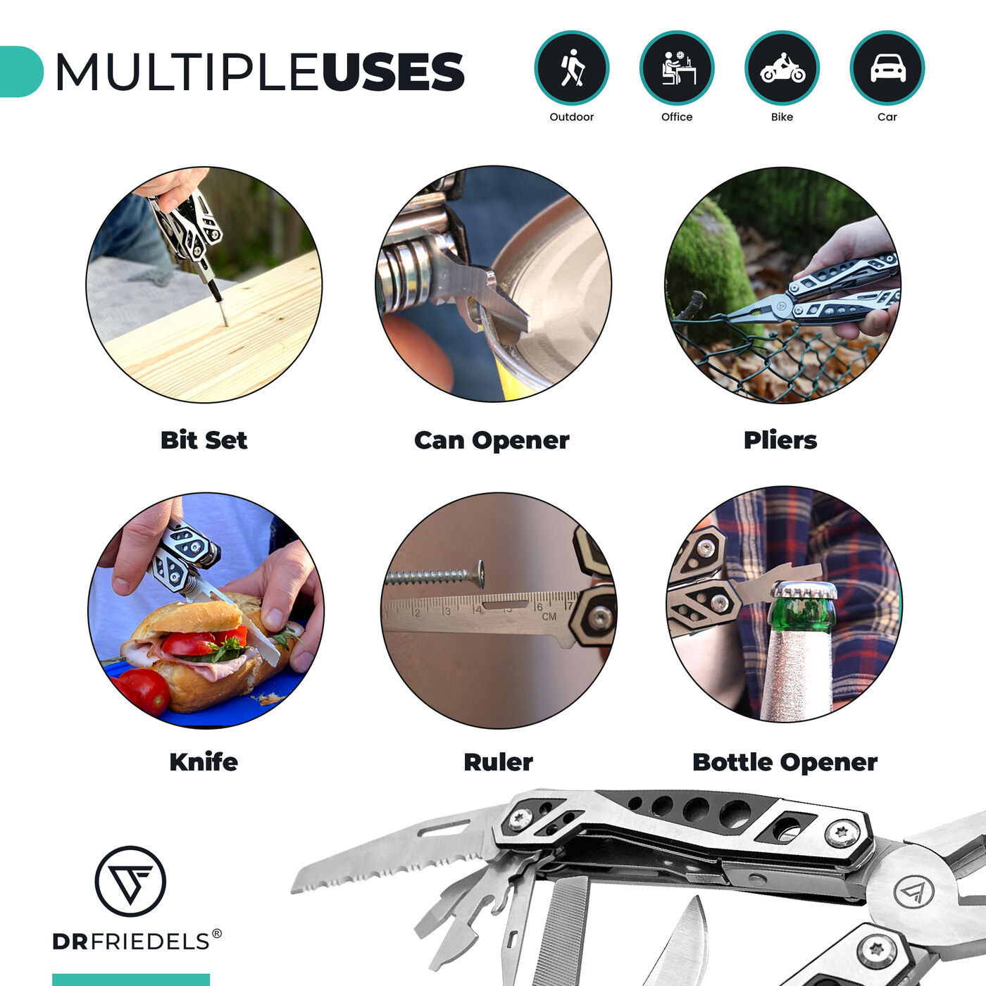 Multiple uses for outdoor, office, bike, car: bit set, can opener, pliers, knife, ruler, bottle opener