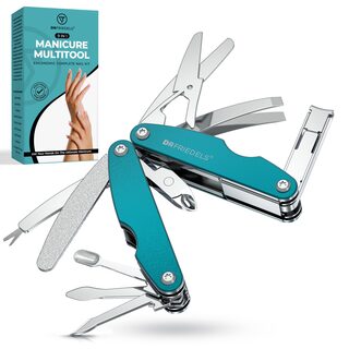 DRFRIEDELS 9-in-1 Manicure Multi-Tool with packaging, clippers, scissors, file, tweezers and cuticle tools fanned out