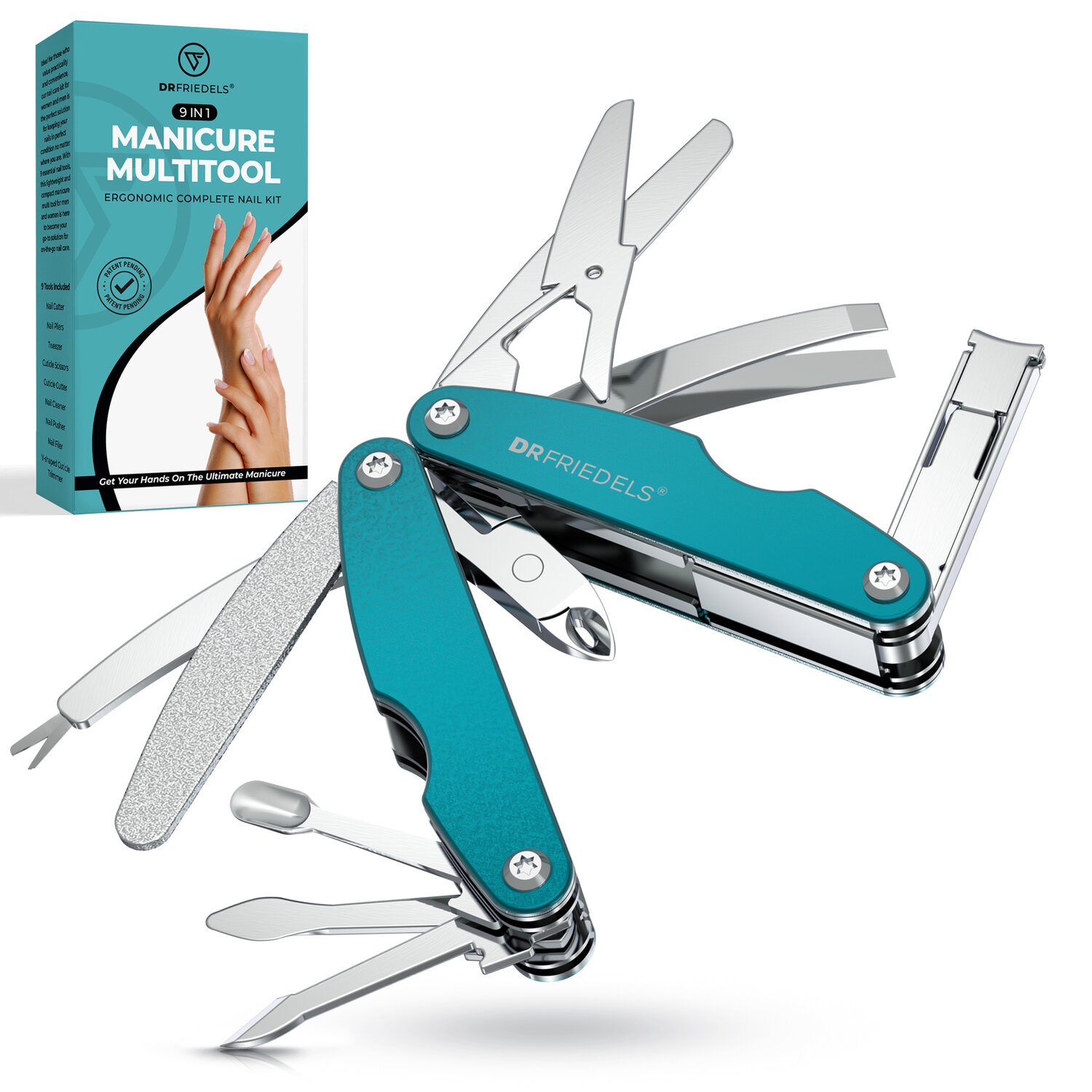 DRFRIEDELS 9-in-1 Manicure Multi-Tool with nail clippers, scissors, file, tweezers, cuticle tools, and packaging