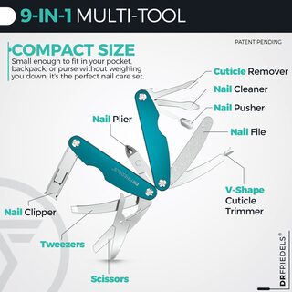 9-in-1 multi-tool layout: nail clipper, scissors, nail plier, cuticle remover, nail cleaner, nail pusher, nail file, V-shape cuticle trimmer, tweezers