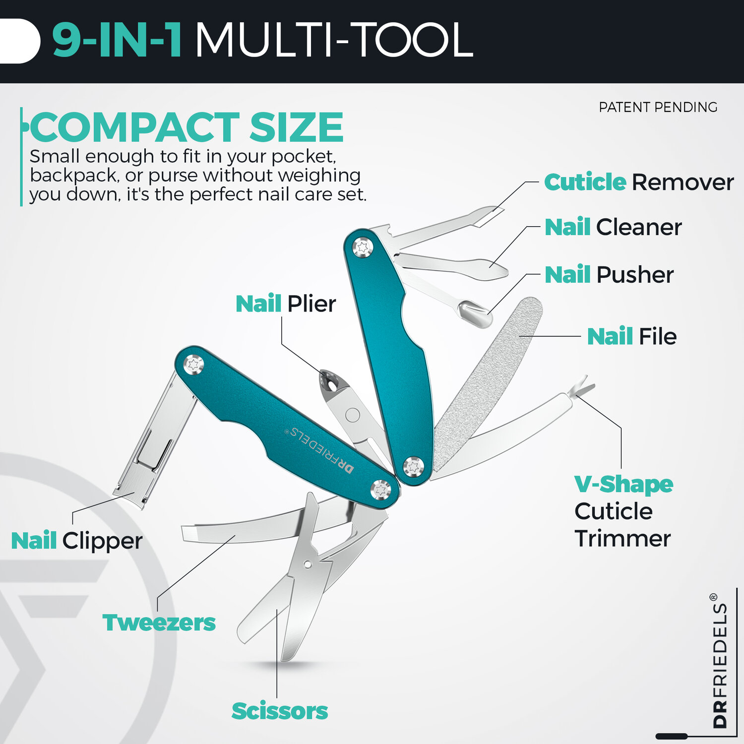 9-in-1 multi-tool layout: nail clipper, scissors, nail plier, cuticle remover, nail cleaner, nail pusher, nail file, V-shape cuticle trimmer, tweezers