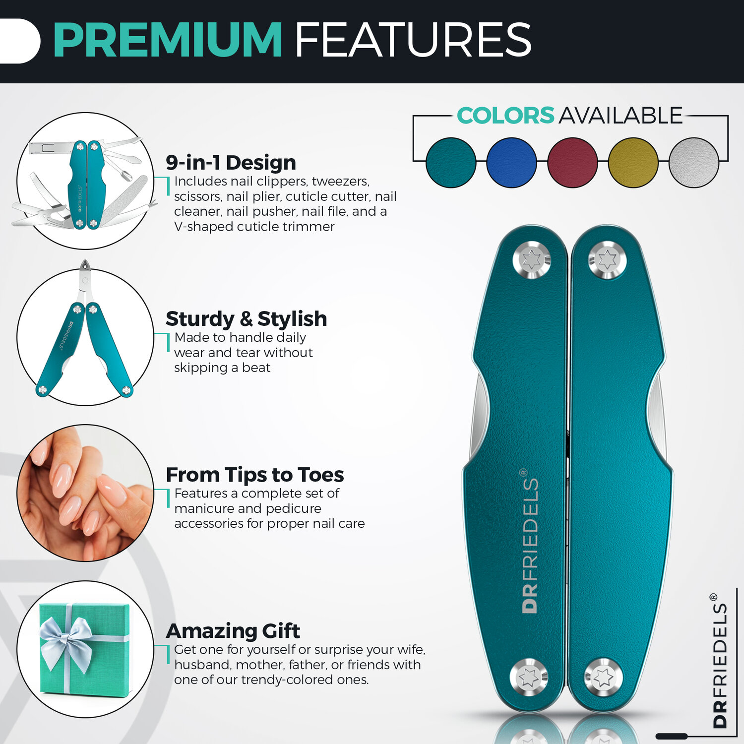 Premium features: 9-in-1 design, sturdy and stylish, from tips to toes, amazing gift, available in teal, blue, red, yellow and silver