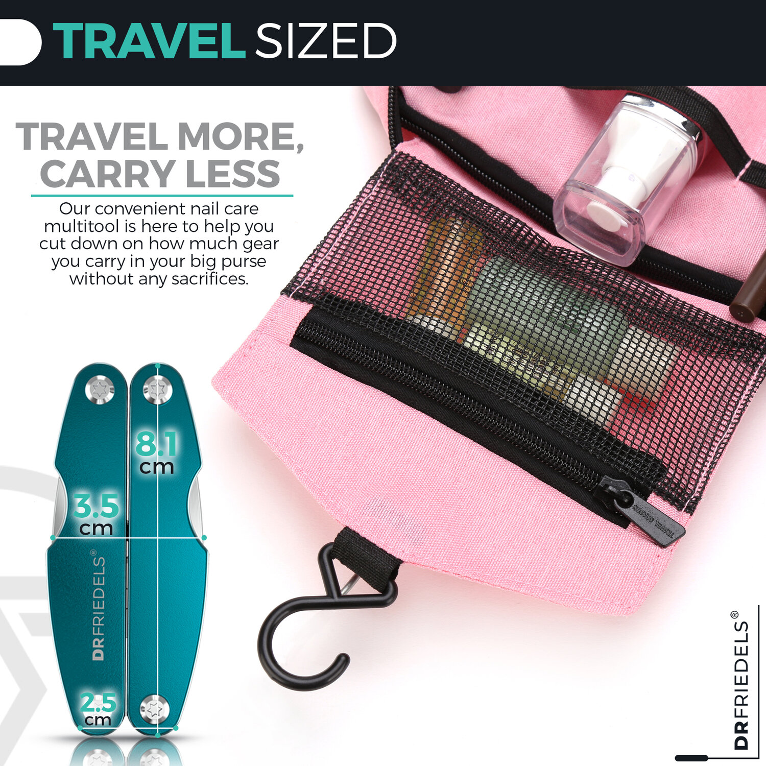 Travel sized: 8.1 cm folded length, 3.5 cm width, 2.5 cm thickness — fits any travel kit