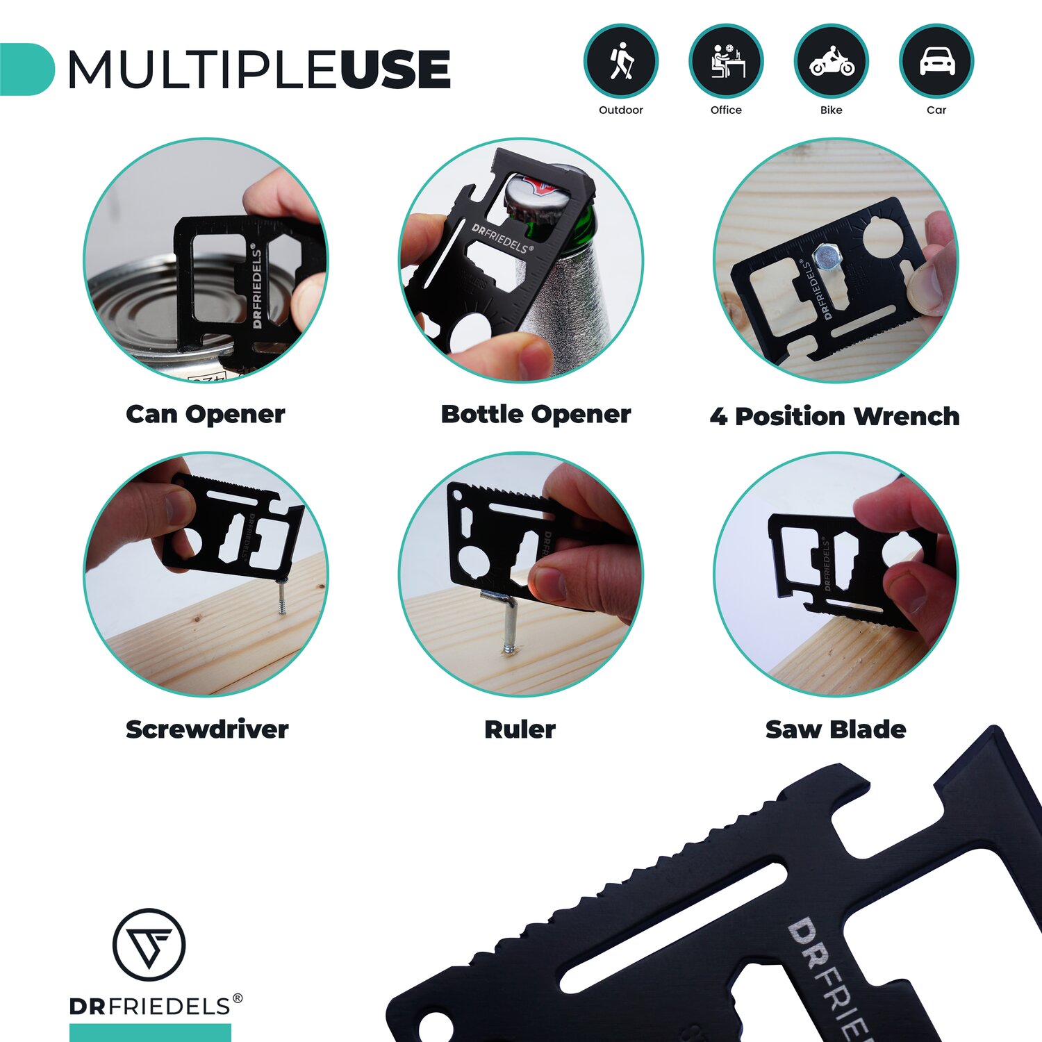Multiple use cases: can opener, bottle opener, 4-position wrench, screwdriver, ruler and saw blade for outdoor, office, bike and car