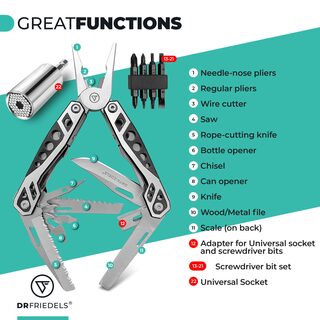 22 great functions: pliers, wire cutter, saw, knife, bottle opener, can opener, file, scale, screwdriver bit set, universal socket