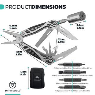 Product dimensions: closed 12cm, pliers open 15cm, handle 6.3cm, socket 5.4cm, pouch 13cm