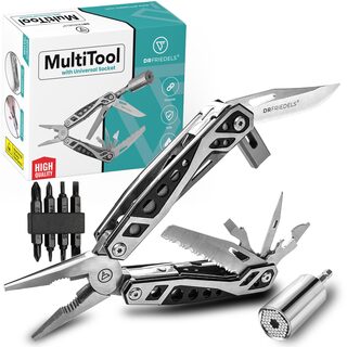 What's in the box: DRFRIEDELS multi-tool with universal socket and screwdriver bit set in premium packaging