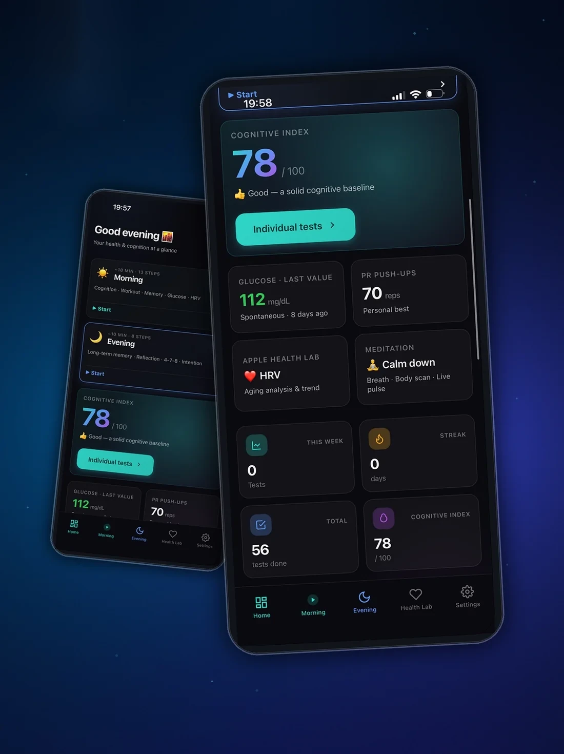 CogniTrack Pro home screen showing a cognitive index of 78, HRV, glucose, workout and meditation cards